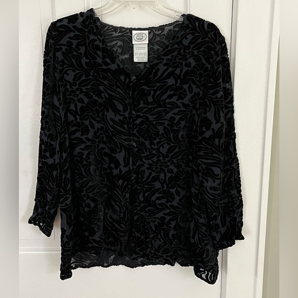 Laura Ashley Black Burn Out Velvet V Neck Tunic Blouse Top Boho Dark Romantic 8 - Picture 1 of 12